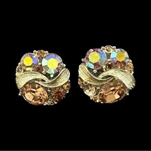 Vintage LISNER Earrings Screw Back AB Crystal Gold Tone Topaz